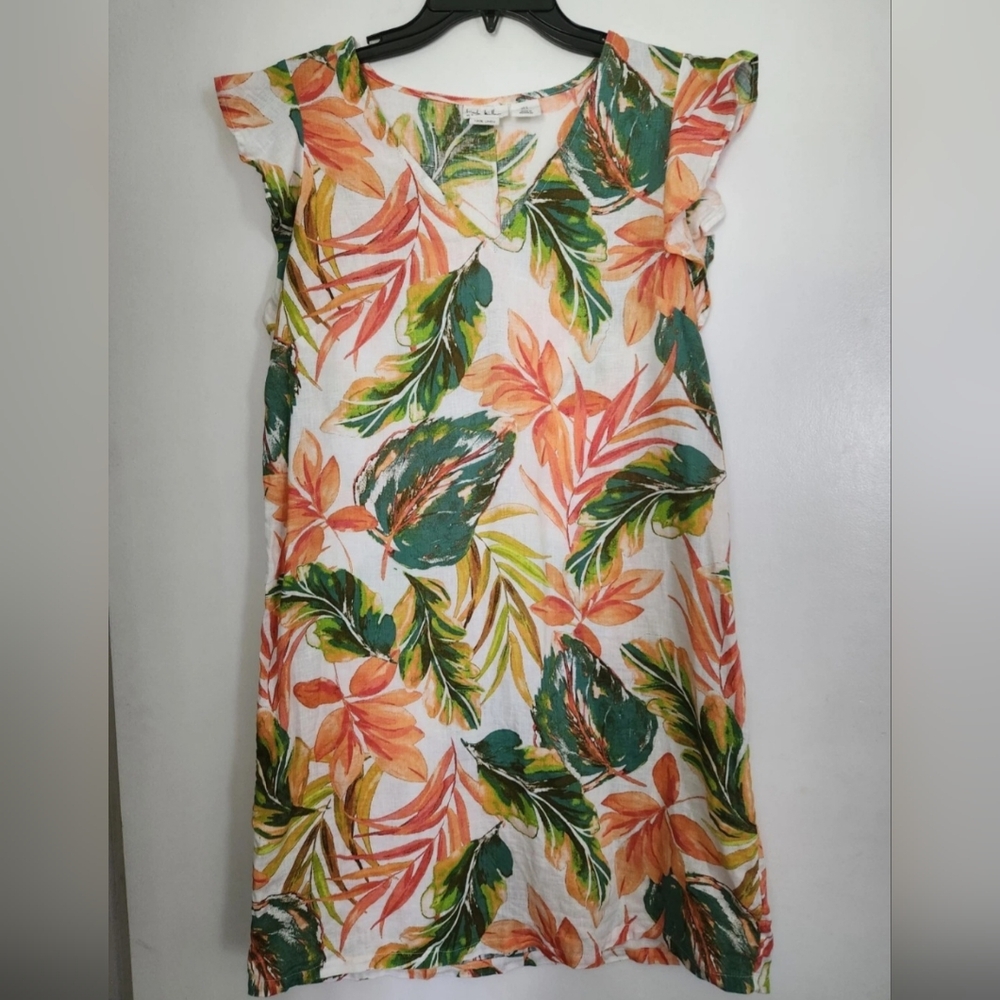 Nicole Miller Linen Dress Tropical Ruffle Sleeve Size X Small